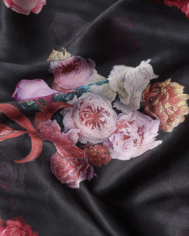 Black Floral Print Synthetic Satin Fabric, 140 Cms Width, India-D25220