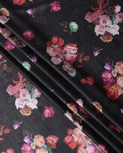 Black Floral Print Synthetic Satin Fabric, 140 Cms Width, India-D25220