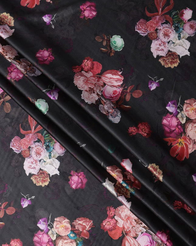 Black Floral Print Synthetic Satin Fabric, 140 Cms Width, India-D25220