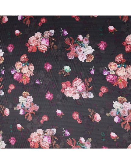 Black Floral Print Synthetic Satin Fabric, 140 Cms Width, India-D25220