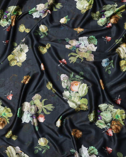 Black Multicolor Floral Print Synthetic Satin Fabric, 140 Cms Width, India-D25221