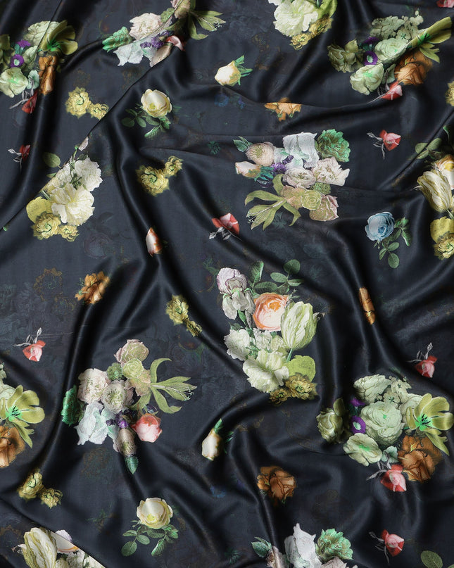 Black Multicolor Floral Print Synthetic Satin Fabric, 140 Cms Width, India-D25221