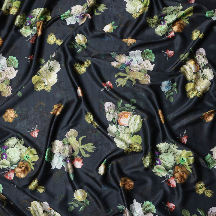 Black Multicolor Floral Print Synthetic Satin Fabric, 140 Cms Width, India-D25221