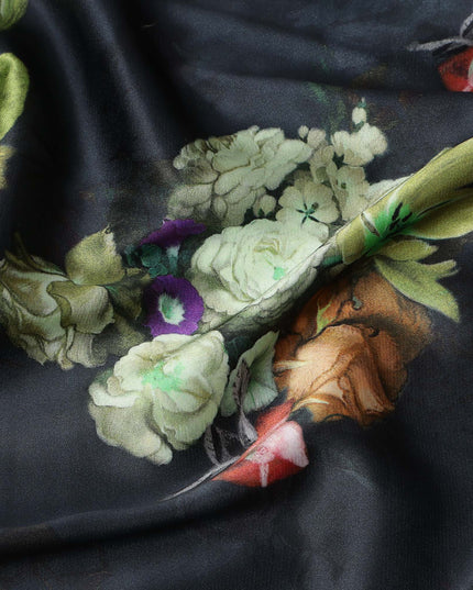 Black Multicolor Floral Print Synthetic Satin Fabric, 140 Cms Width, India-D25221