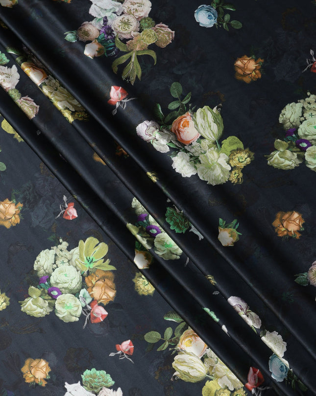 Black Multicolor Floral Print Synthetic Satin Fabric, 140 Cms Width, India-D25221