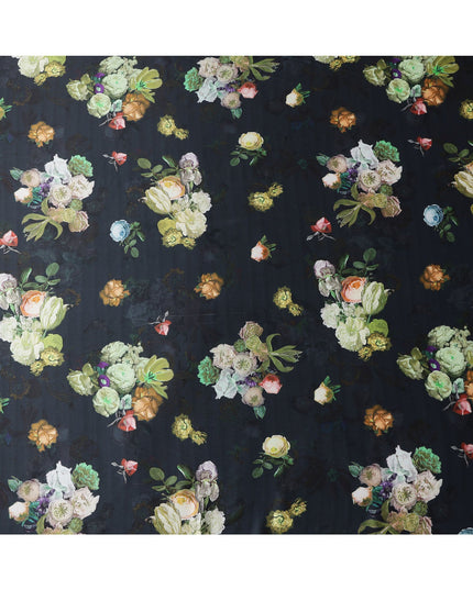 Black Multicolor Floral Print Synthetic Satin Fabric, 140 Cms Width, India-D25221