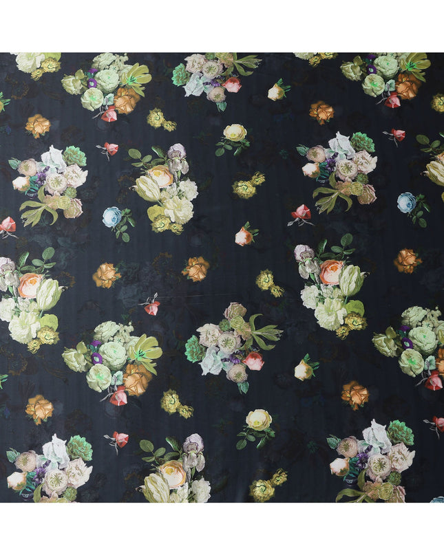 Black Multicolor Floral Print Synthetic Satin Fabric, 140 Cms Width, India-D25221