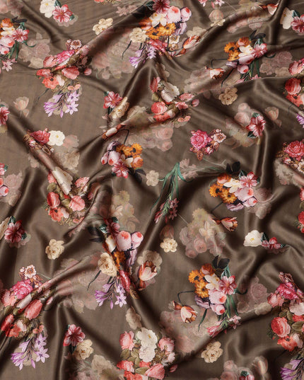 Brown Multicolor Floral Print Synthetic Satin Fabric, 140 Cms Width, India-D25222
