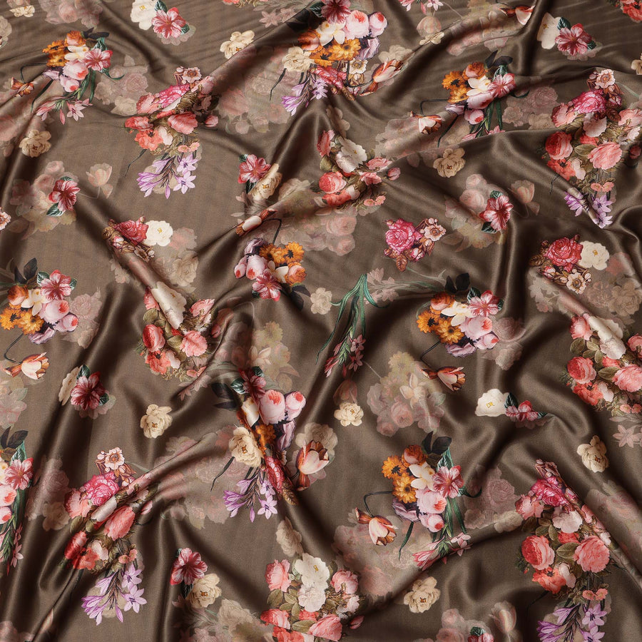 Brown Multicolor Floral Print Synthetic Satin Fabric, 140 Cms Width, India-D25222