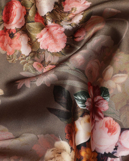 Brown Multicolor Floral Print Synthetic Satin Fabric, 140 Cms Width, India-D25222