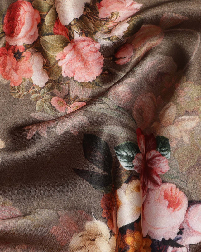 Brown Multicolor Floral Print Synthetic Satin Fabric, 140 Cms Width, India-D25222