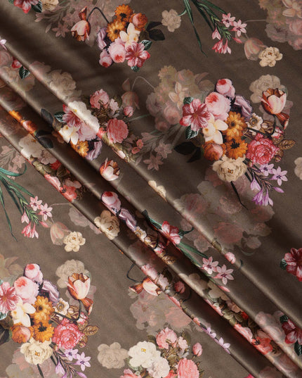 Brown Multicolor Floral Print Synthetic Satin Fabric, 140 Cms Width, India-D25222