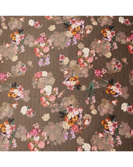 Brown Multicolor Floral Print Synthetic Satin Fabric, 140 Cms Width, India-D25222