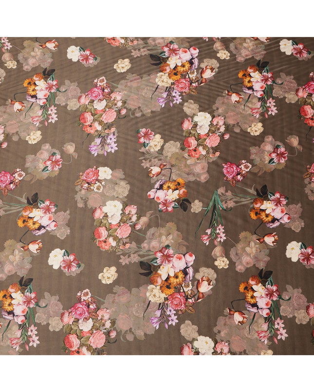 Brown Multicolor Floral Print Synthetic Satin Fabric, 140 Cms Width, India-D25222