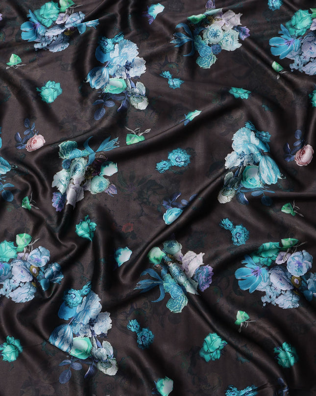 Black Blue Floral Print Synthetic Satin Fabric, 140 Cms Width, India-D25223