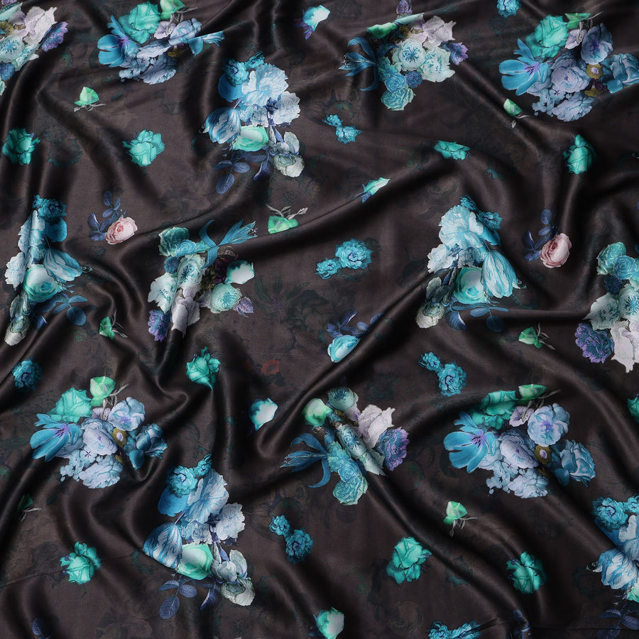 Black Blue Floral Print Synthetic Satin Fabric, 140 Cms Width, India-D25223
