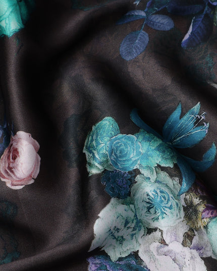 Black Blue Floral Print Synthetic Satin Fabric, 140 Cms Width, India-D25223