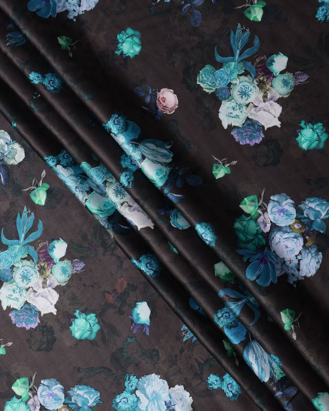 Black Blue Floral Print Synthetic Satin Fabric, 140 Cms Width, India-D25223