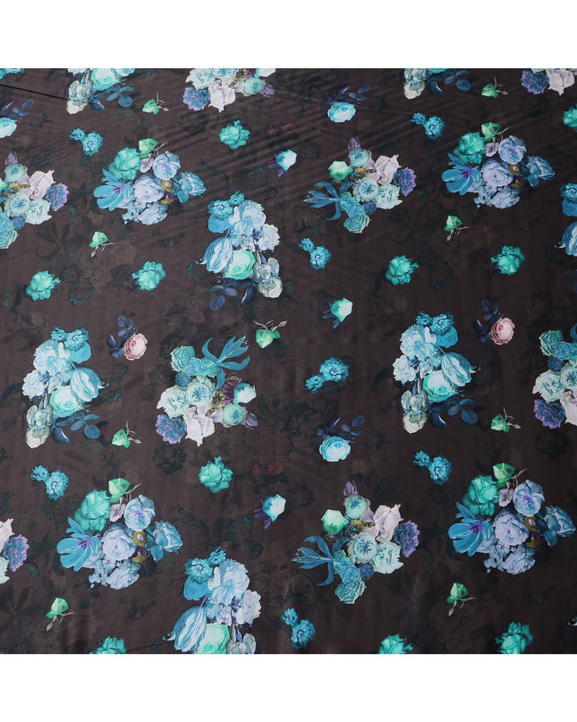 Black Blue Floral Print Synthetic Satin Fabric, 140 Cms Width, India-D25223