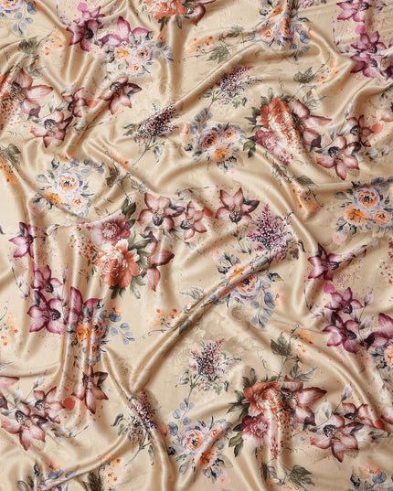 Beige Multicolor Floral Print Synthetic Satin Fabric, 140 Cms Width, India-D25224