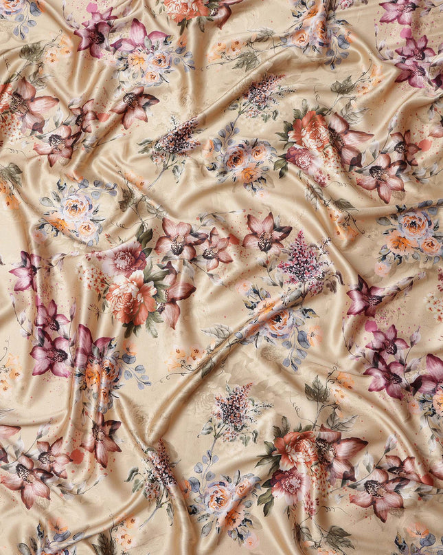 Beige Multicolor Floral Print Synthetic Satin Fabric, 140 Cms Width, India-D25224