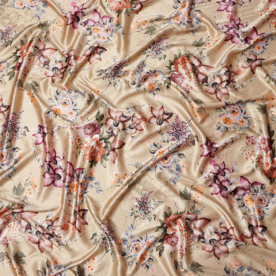 Beige Multicolor Floral Print Synthetic Satin Fabric, 140 Cms Width, India-D25224