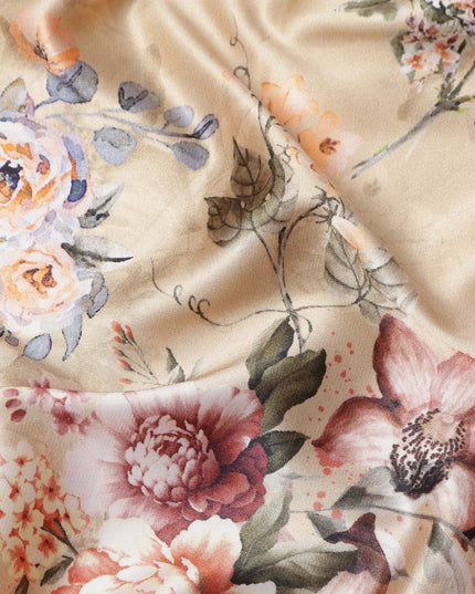 Beige Multicolor Floral Print Synthetic Satin Fabric, 140 Cms Width, India-D25224
