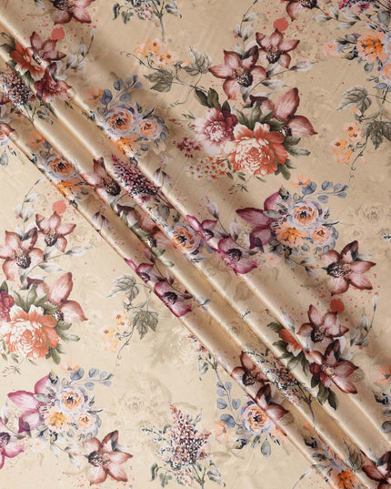 Beige Multicolor Floral Print Synthetic Satin Fabric, 140 Cms Width, India-D25224