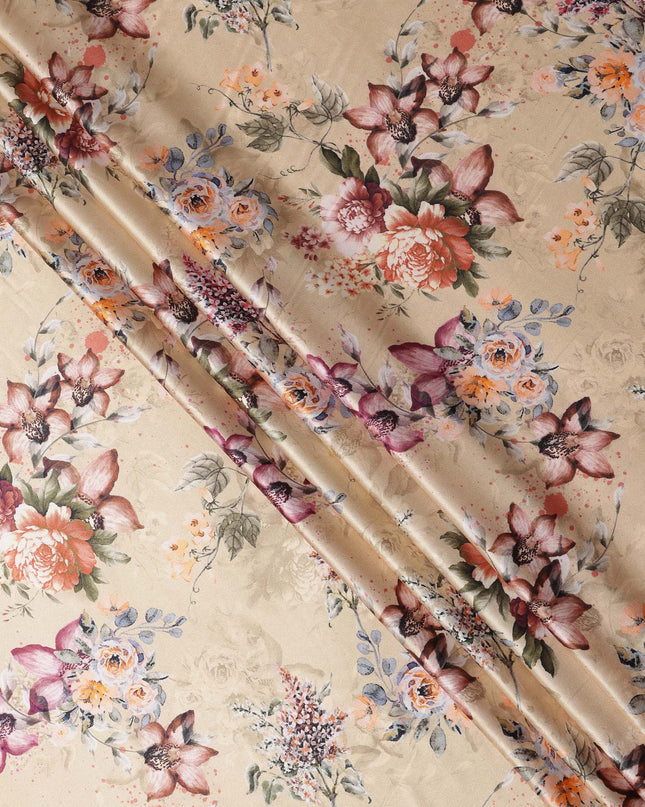 Beige Multicolor Floral Print Synthetic Satin Fabric, 140 Cms Width, India-D25224