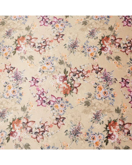Beige Multicolor Floral Print Synthetic Satin Fabric, 140 Cms Width, India-D25224