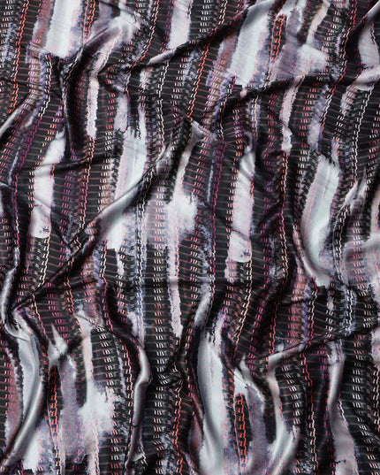 Black Grey Abstract Striped Print Synthetic Satin Fabric, 140 Cms Width, India-D25225