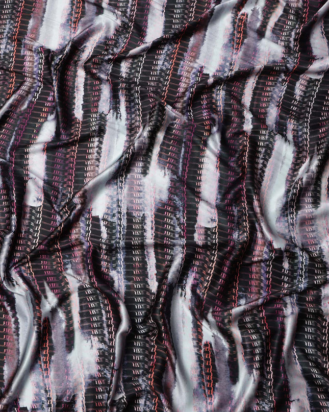 Black Grey Abstract Striped Print Synthetic Satin Fabric, 140 Cms Width, India-D25225
