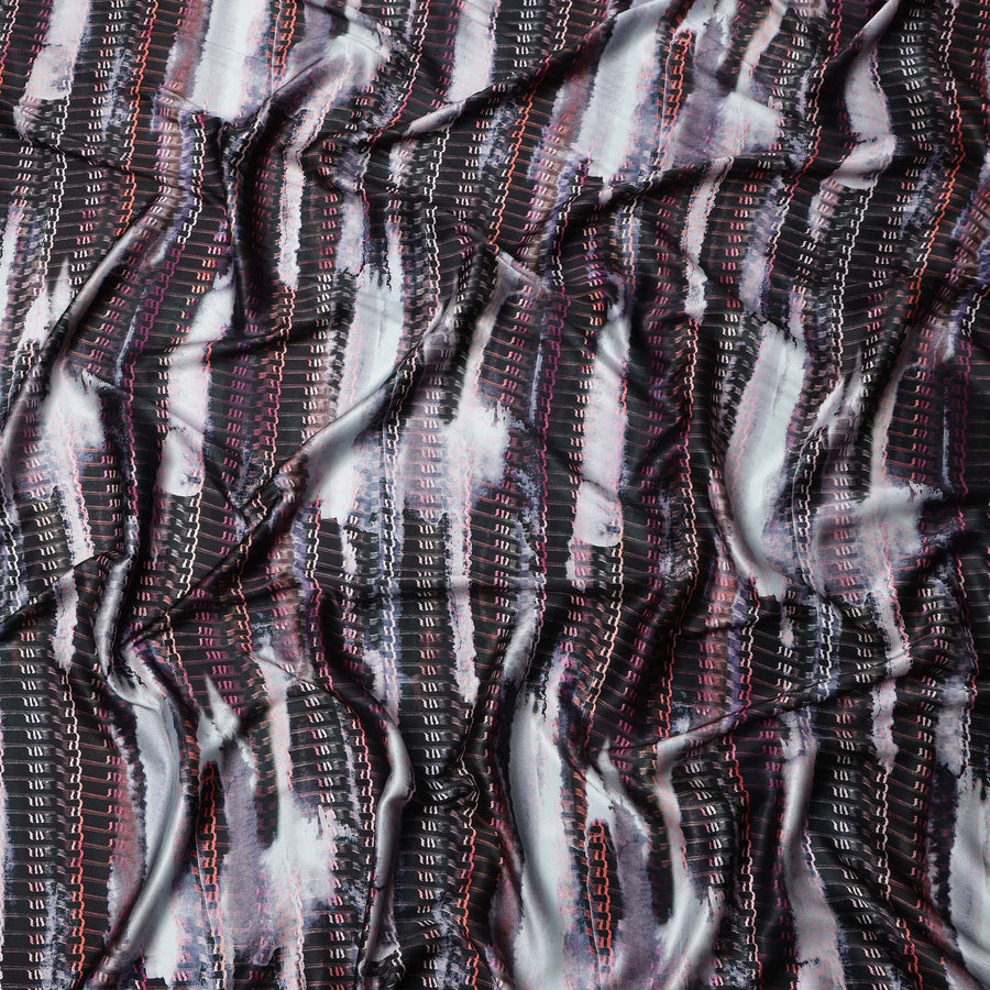 Black Grey Abstract Striped Print Synthetic Satin Fabric, 140 Cms Width, India-D25225