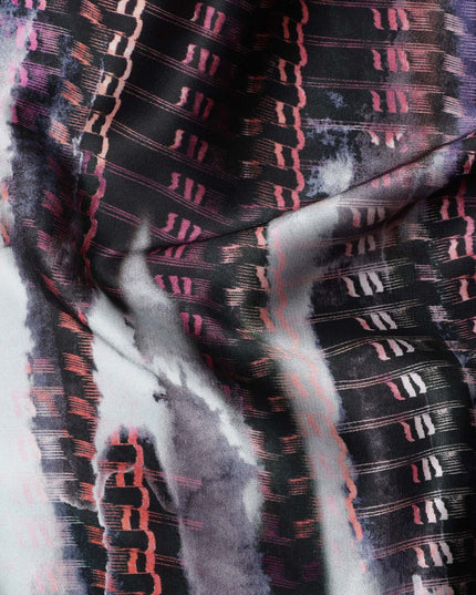 Black Grey Abstract Striped Print Synthetic Satin Fabric, 140 Cms Width, India-D25225