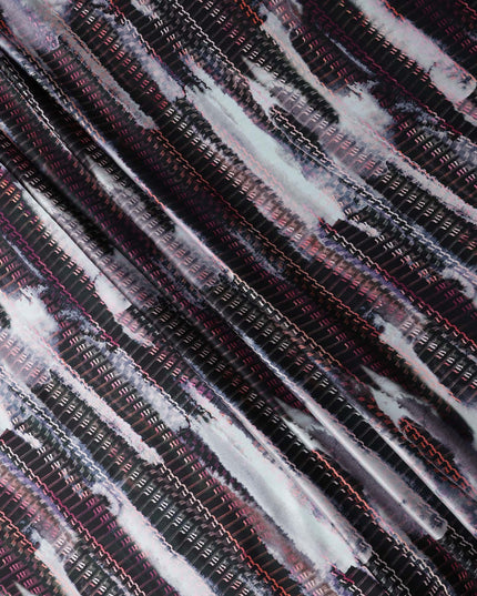 Black Grey Abstract Striped Print Synthetic Satin Fabric, 140 Cms Width, India-D25225