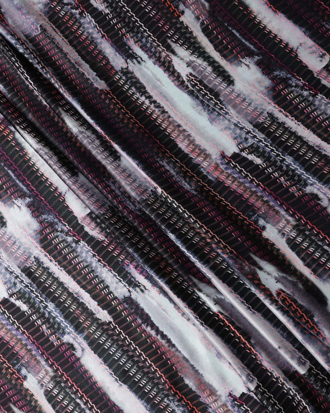 Black Grey Abstract Striped Print Synthetic Satin Fabric, 140 Cms Width, India-D25225