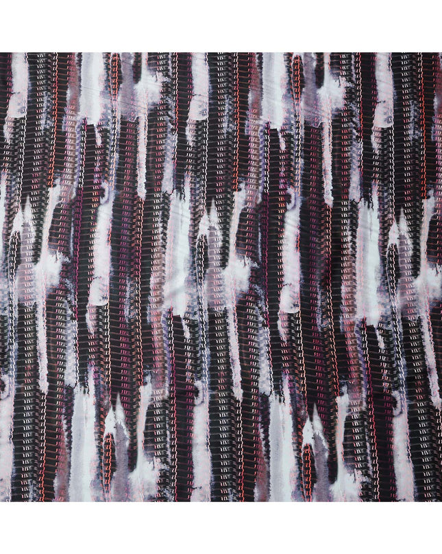 Black Grey Abstract Striped Print Synthetic Satin Fabric, 140 Cms Width, India-D25225