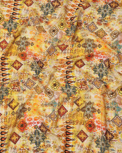 Yellow Multicolor Abstract Pattern Pure Silk Crepe Fabric with Stone Work, Width 110 Cms, Made in India-D26068
