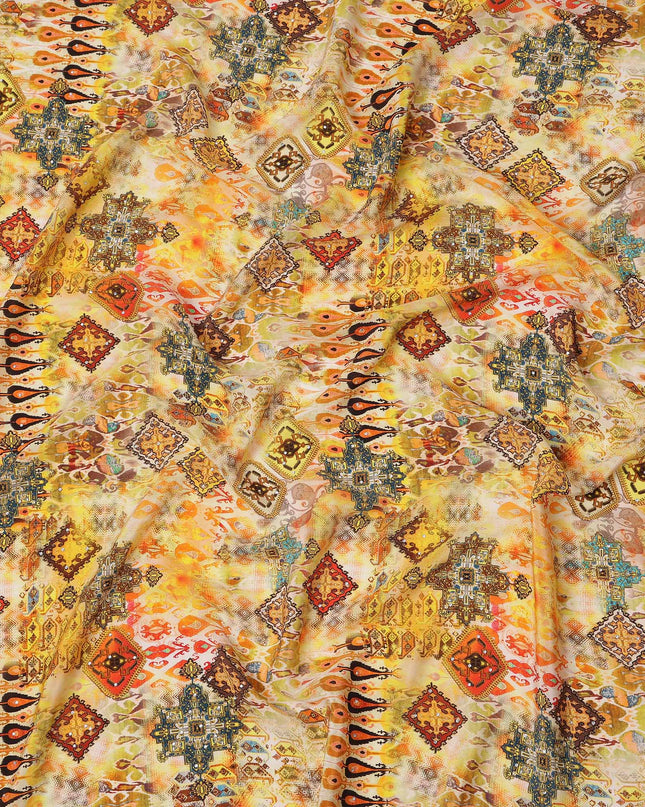 Yellow Multicolor Abstract Pattern Pure Silk Crepe Fabric with Stone Work, Width 110 Cms, Made in India-D26068