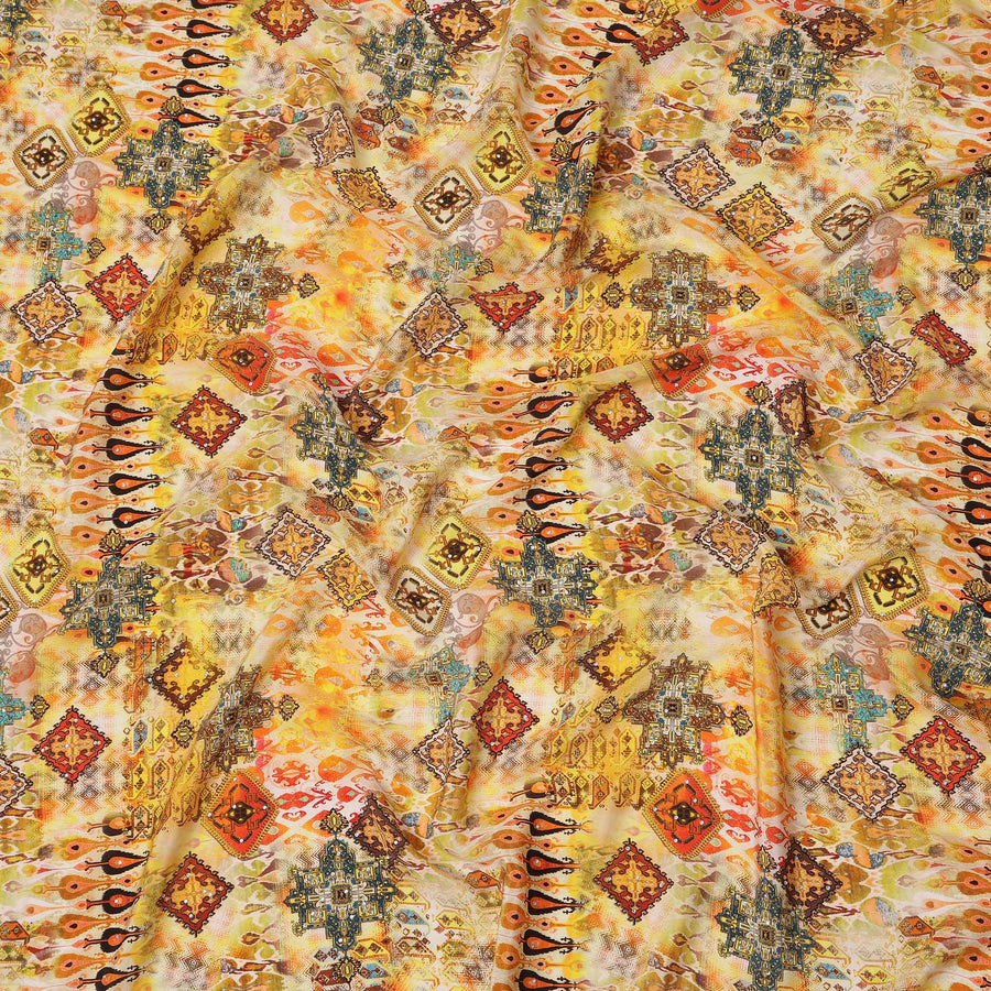 Yellow Multicolor Abstract Pattern Pure Silk Crepe Fabric with Stone Work, Width 110 Cms, Made in India-D26068