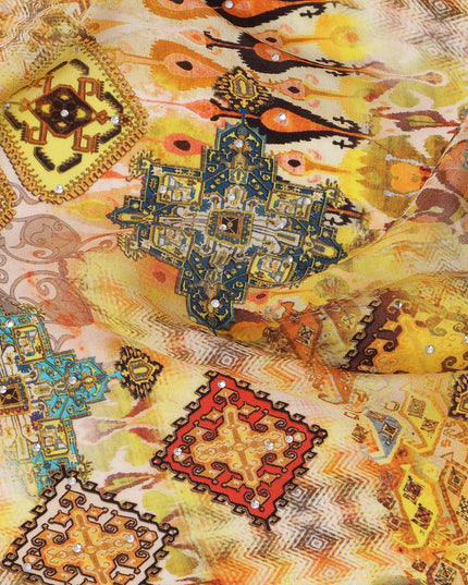 Yellow Multicolor Abstract Pattern Pure Silk Crepe Fabric with Stone Work, Width 110 Cms, Made in India-D26068