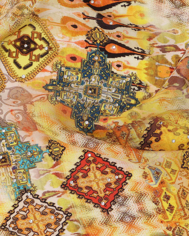Yellow Multicolor Abstract Pattern Pure Silk Crepe Fabric with Stone Work, Width 110 Cms, Made in India-D26068