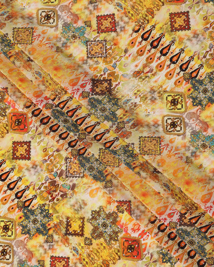 Yellow Multicolor Abstract Pattern Pure Silk Crepe Fabric with Stone Work, Width 110 Cms, Made in India-D26068