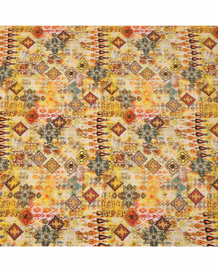 Yellow Multicolor Abstract Pattern Pure Silk Crepe Fabric with Stone Work, Width 110 Cms, Made in India-D26068