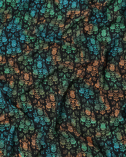 Black Multicolor Floral Pattern Pure Silk Crepe Fabric with Stone Work, Width 110 Cms, Made in India-D26069
