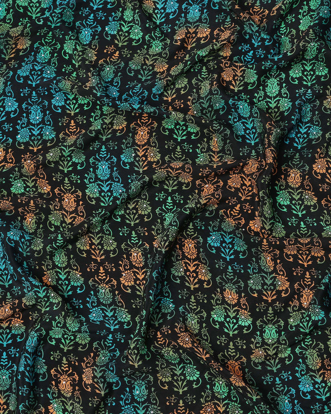Black Multicolor Floral Pattern Pure Silk Crepe Fabric with Stone Work, Width 110 Cms, Made in India-D26069