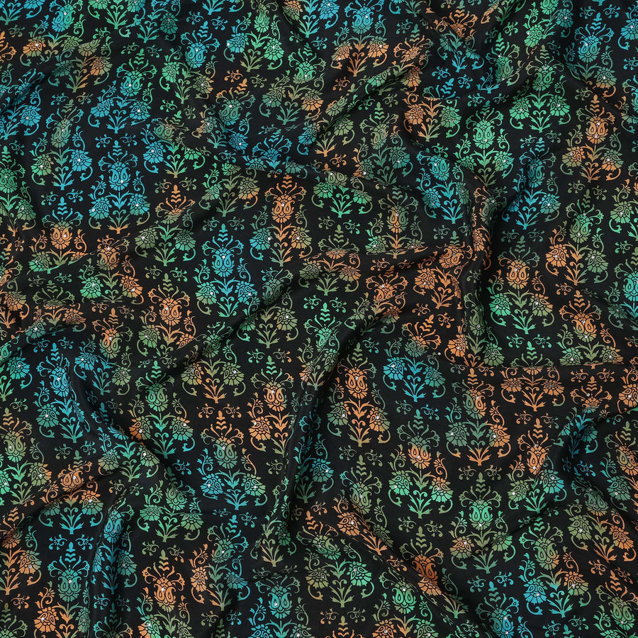 Black Multicolor Floral Pattern Pure Silk Crepe Fabric with Stone Work, Width 110 Cms, Made in India-D26069