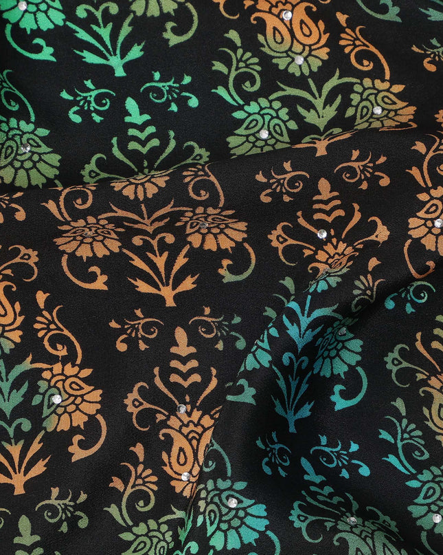 Black Multicolor Floral Pattern Pure Silk Crepe Fabric with Stone Work, Width 110 Cms, Made in India-D26069