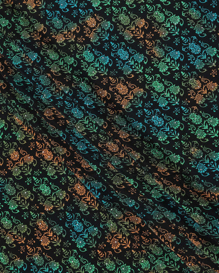 Black Multicolor Floral Pattern Pure Silk Crepe Fabric with Stone Work, Width 110 Cms, Made in India-D26069
