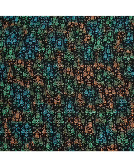 Black Multicolor Floral Pattern Pure Silk Crepe Fabric with Stone Work, Width 110 Cms, Made in India-D26069